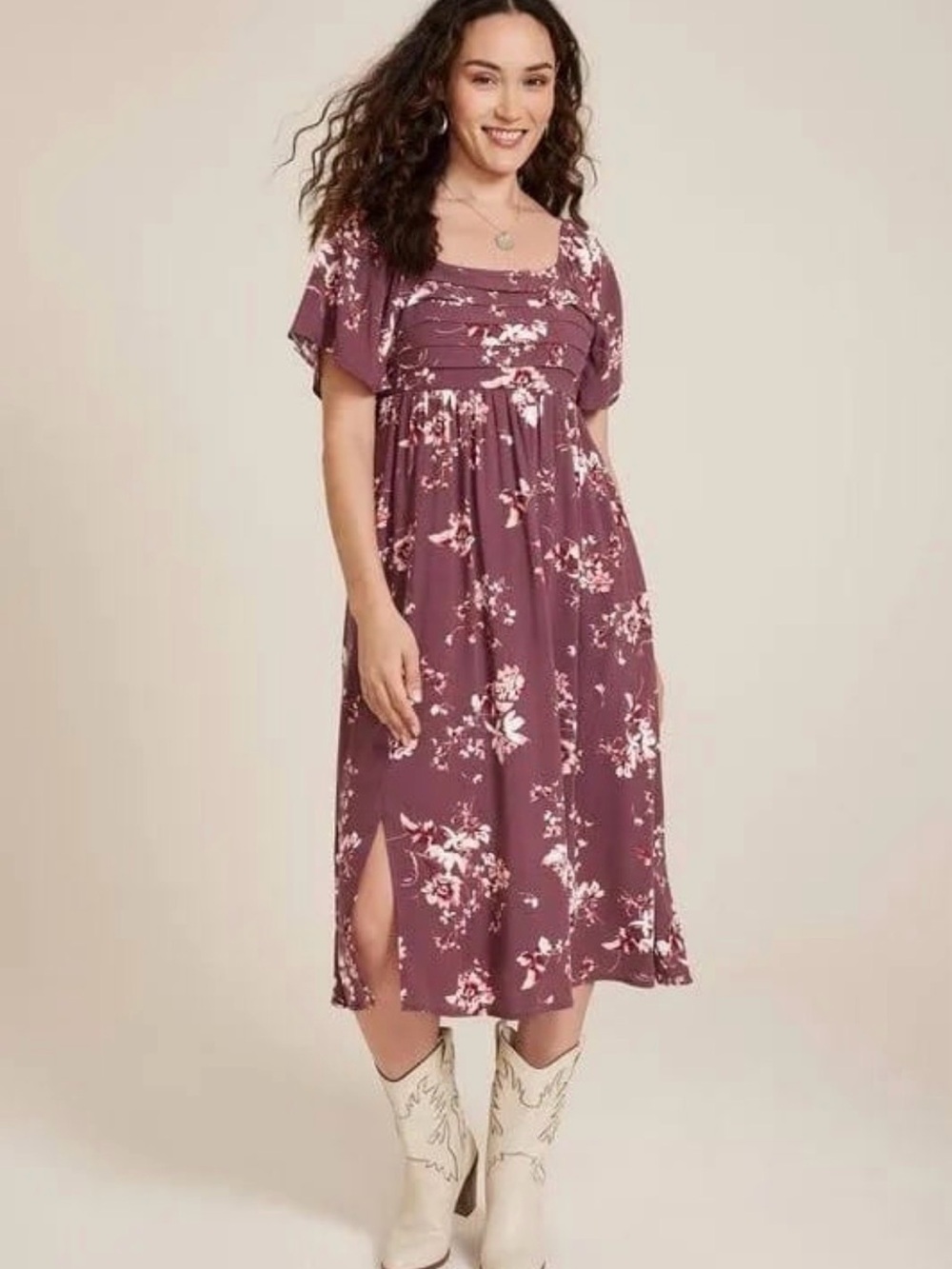 Maurices NWT size Medium Burgundy Floral Flutter Sleeve Midi Dress Pleated Front